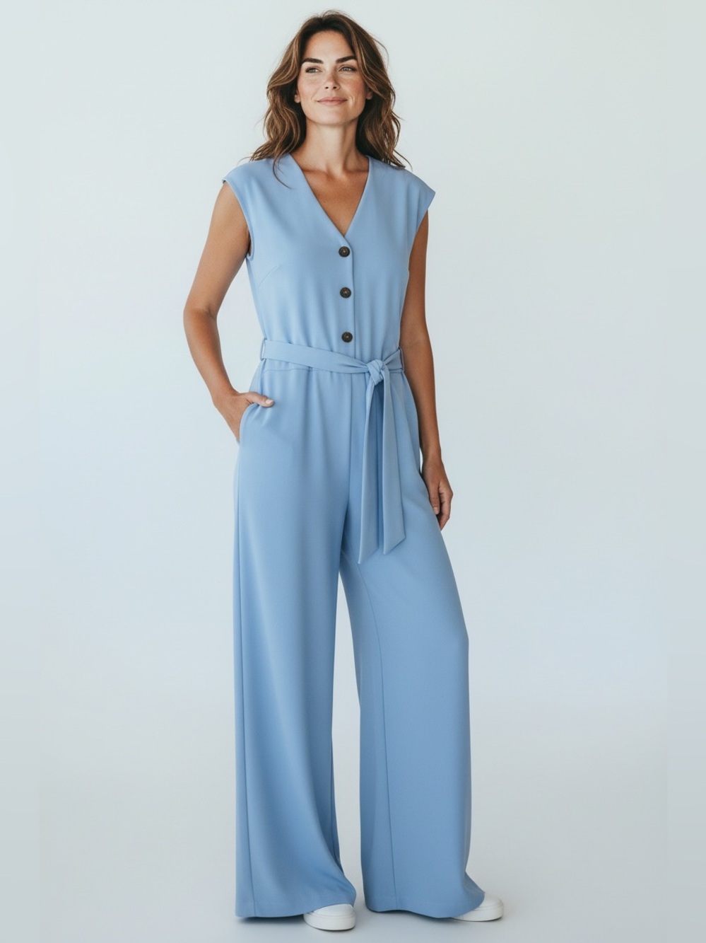 Worthington Sky Blue V-Neck Button-Front Wide-Leg Jumpsuit